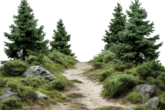 A serene path meanders through dense greenery, flanked by tall trees and rocks, inviting exploration in a tranquil natural setting