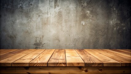 Low front angle view of wooden table or tabletop against wall background.