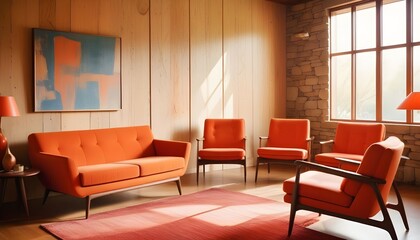 A mid-century-style home interior design of a modern living room features a beige lounge chair near an orange loveseat sofa against a wood and stone paneling wall
