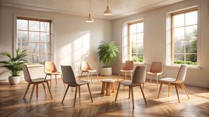 A warm and cozy group therapy room setting with empty chairs and a table, symbolizing a safe space for supportive and diverse female friendships.