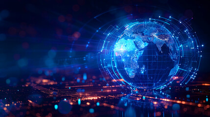Neon digital globe map projection of the earth, with a dark blue orange background., used for Information technology, digital communications and network connecting concept