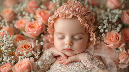 Fototapeta premium Adorable baby girl peacefully sleeping surrounded by soft pink roses, capturing innocence and tranquility in a dreamy floral setting