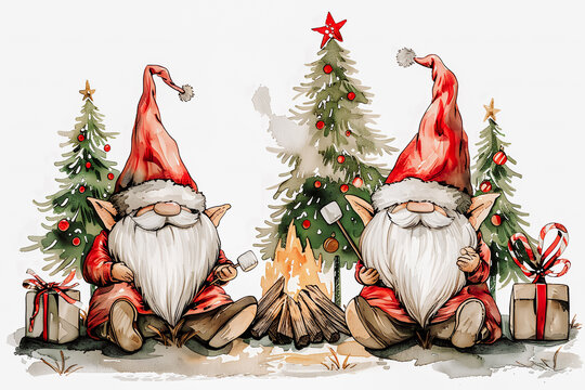 Lutins  de no&euml;l grillant des shamallows au feu de bois