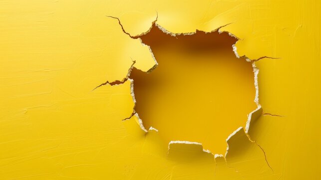 Yellow wall with holes in it. The bright yellow background with dramatic holes, revealing glimpses of the unknown, offers a striking visual metaphor for vulnerability, breakthrough, or imperfection.