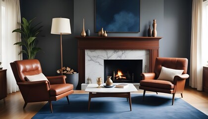 A mid-century style home interior design of a modern living room includes brown leather chairs and a grey sofa in a room with a fireplace
