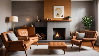 Fototapeta premium A mid-century style home interior design of a modern living room includes brown leather chairs and a grey sofa in a room with a fireplace