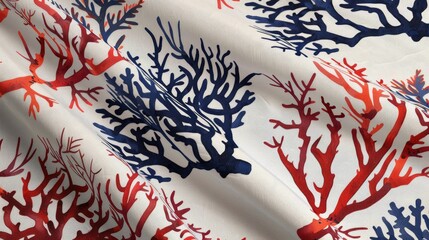 Vibrant red and blue coral branch pattern on textured fabric. Marine-themed textile design for coastal decor and fashion.