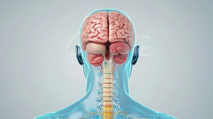 Back view illustration showcasing the human brain and spinal cord anatomy. Detailed depiction of the nervous system, highlighting the brain structures and spinal cord.
