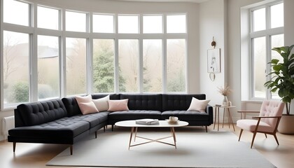 In a mid-century style home interior design of a modern living room, an accent coffee table sits near a black tufted sofa, positioned by the windows