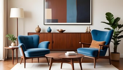 Fototapeta premium In a mid-century interior design of a modern living room, a blue armchair sits near a long wooden coffee table against a white wall with a large art canvas poster frame