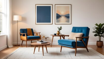 In a mid-century interior design of a modern living room, a blue armchair sits near a long wooden coffee table against a white wall with a large art canvas poster frame