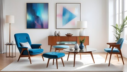 Fototapeta premium In a mid-century interior design of a modern living room, a blue armchair sits near a long wooden coffee table against a white wall with a large art canvas poster frame