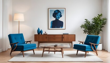 In a mid-century interior design of a modern living room, a blue armchair sits near a long wooden coffee table against a white wall with a large art canvas poster frame