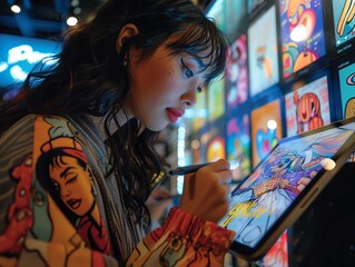 Young artist creating digital art on a tablet, surrounded by vibrant graphic displays in a dynamic, creative environment.