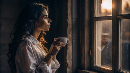 woman drinking coffee in cafe, beauty girl, relaxing
