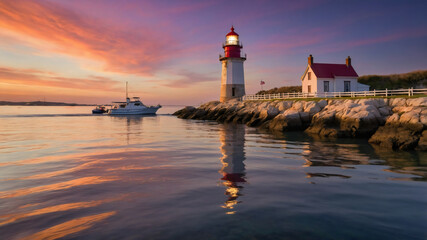 Sunset Over Tranquil Waters With Lighthouse and Boat Near Coastal Village