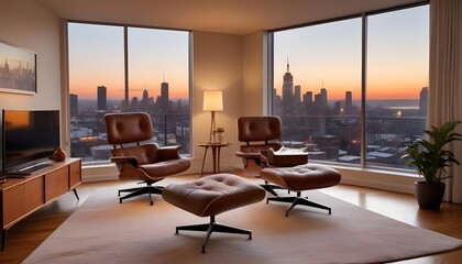 A mid-century interior design characterizes a modern living room with various elements and design choices