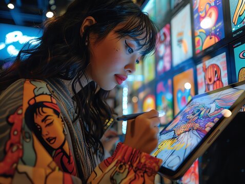 Young artist creating digital art on a tablet, surrounded by vibrant graphic displays in a dynamic, creative environment. - Powered by Adobe