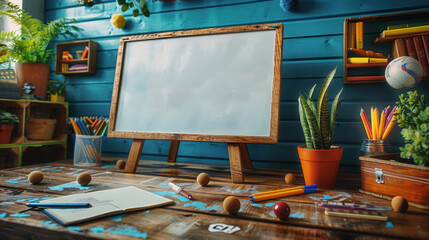 Rustic wooden easel with blank canvas in a cozy artist studio with vibrant plants and art supplies. Mockup

