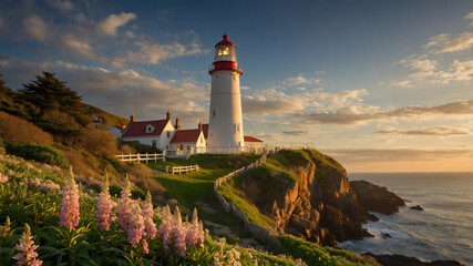 Dramatic Sunset Over Coastal Lighthouse Surrounded by Colorful Flowers Near Rocky Shore