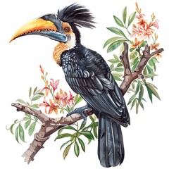 Fototapeta premium Colorful illustration of a toucan perched on a branch with vibrant flowers and green leaves in the background.