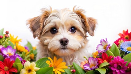 Adorable little terrier with big brown eyes and fluffy coat peeking out from behind colorful flowers and greenery on a whimsical white background.