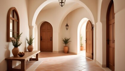 A Mediterranean style hallway with an arched door contributes to the interior design of a modern rustic entrance hall in a farmhouse