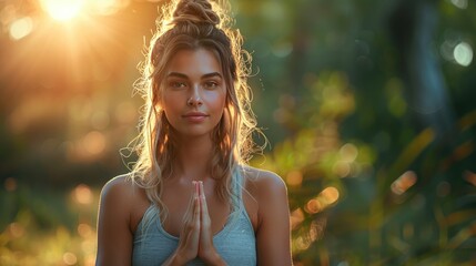 A serene woman practicing yoga in a peaceful forest setting at sunset, with hands in a prayer position, embracing tranquility and nature.