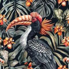 Obraz premium Vibrant tropical bird with large bill and colorful feathers among lush green leaves and bright flowers in botanical illustration.