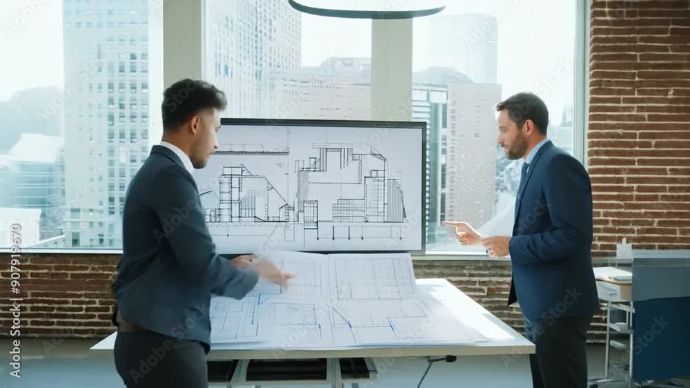 Aufkleber architects collaborating on blueprints in modern office space generative ai