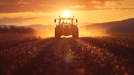 Obraz premium Tractor plowing a field at sunset.