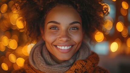 Closeup portrait of a cheerful woman with curly hair, warm scarf, and bokeh lights in the background, capturing the essence of joy and warmth.