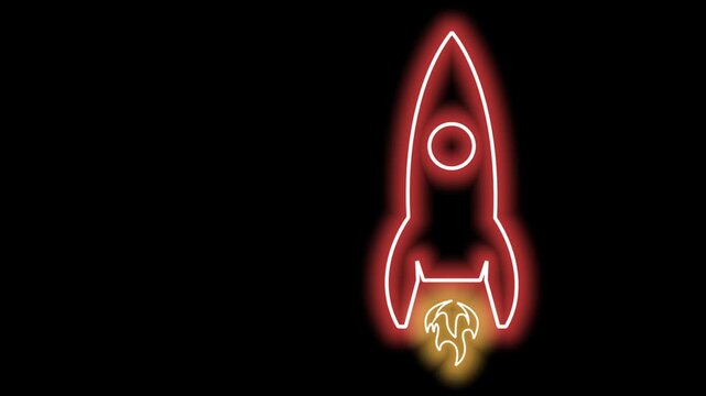 Blue neon animation with the inscription READY FOR THE MOON with flashing effects and neon rocket animation along with yellow flame flashing effect with black background