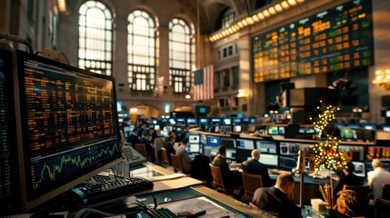 A bustling finance environment captures traders analyzing stock charts in an iconic trading floor setting, showcasing intense market activity.