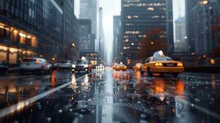 A rainy city street scene featuring yellow taxis and reflective puddles on the asphalt, showcasing...