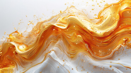 Abstract golden and white marble texture with fluid swirls and shimmering highlights

