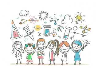 A children's drawing of a joyful science subject exploration with a white background.