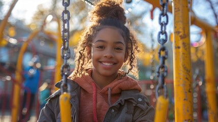Fototapeta premium Joyful young girl with curly hair smiling and enjoying her day at a colorful playground in bright sunshine.