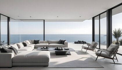 Luxurious villa with a terrace and a floor-to-ceiling panoramic window offering an amazing sea view Interior design for a modern living room