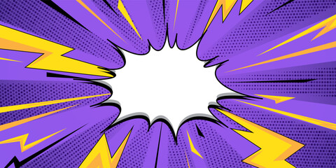 Blank comic cartoon purple background with thunder lightning, cartoon pop art style with empty dialog bubble