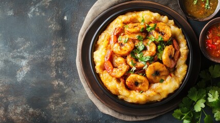 Top view of a Puerto Rican mofongo with fried plantains and garlic sauce, with copy space.