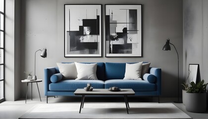 In a loft-style home interior design of a modern living room, you'll find a blue and beige loveseat sofa near a window against a concrete wall adorned with an art poster