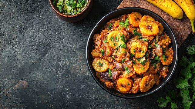 Top view of a Puerto Rican mofongo with fried plantains and garlic sauce, with copy space.