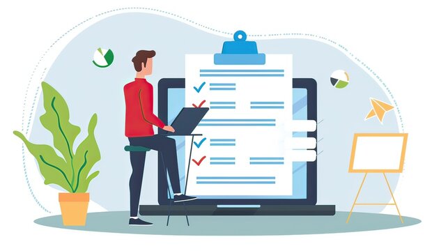 recommend clip art: Checklist and clipboard task management. Businessman working on laptop computer productivity checklist and filling survey form online. Document management system DMS. 