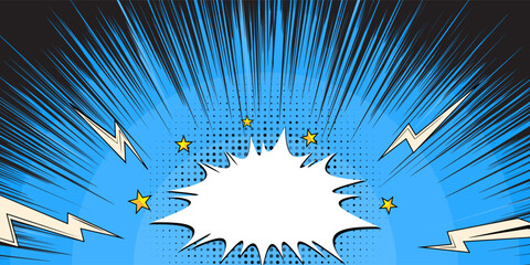 Comic blue background in pop art style, retro dot halftone with blank speech bubble stripes yellow star © ferdyart