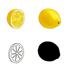 Watercolor yellow lemon whole, in section, silhouette, outline for children isolated on white background