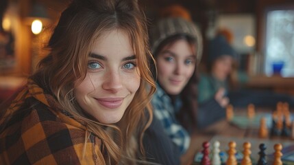 Two young women enjoying a cozy game of chess at a rustic cabin, capturing the warmth and relaxation of a winter retreat.
