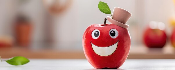 Happy red apple cartoon character wearing a top hat and leaf, set against a blurred background.