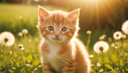 A kitten in the grass, lost in the sun