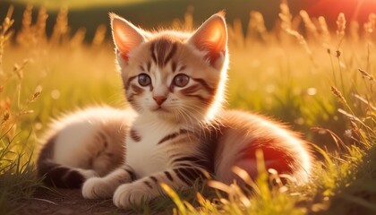 A kitten in the grass, lost in the sun